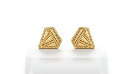 Cercei aur 14k surub - Cercei Geometrici din Aur Galben 14K cu Model Sculptural și Margine Mărgelată