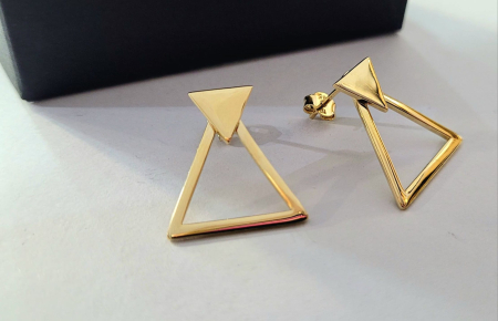 Cercei aur 14k - Cercei Geometrici din Aur Galben 14K cu Triunghiuri Suprapuse – Minimalișter, Modern și Rafinat