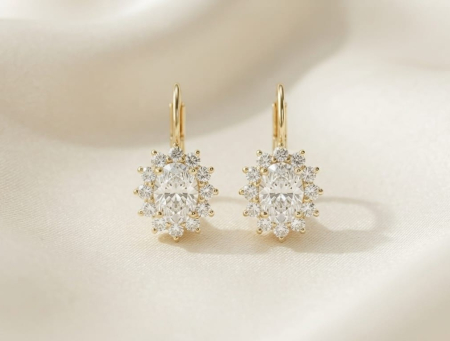 bijuterii aur - Cercei Halo Premium din Aur Galben 14K cu Piatră Centrală Ovală – 3.59 gr, 2 cm