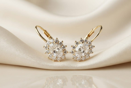 bijuterii aur - Cercei Halo Royal din Aur Galben 14K cu Cristale Oval Solitaire – 3.25 gr, 2 cm