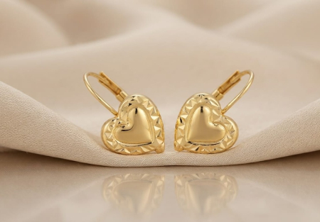 bijuterii aur - Cercei Inimă cu Margine Diamantată din Aur Galben 14K – 1.37 gr, 18 mm