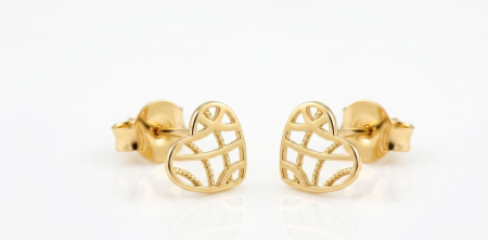 Cercei aur 14k surub - Cercei Inimă din Aur Galben 14K cu Design Decupat Geometric și Închidere cu Șurub