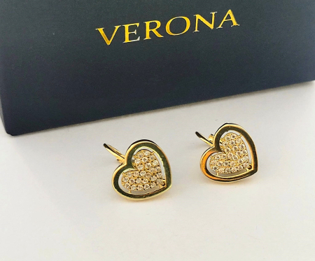 Cercei aur 14k - Cercei Inimă Dublă din Aur Galben 14K cu Cristale Pave