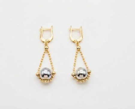 Cercei aur 14k - Cercei Lungi Aur Bicolor 14K 5g | Model Sferă Suspendată în Leagăn 5cm
