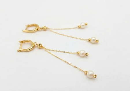 Cercei aur 14k - Cercei Lungi Aur Galben 14K 2.48g | Lanț Dublu și Perle 6.5cm