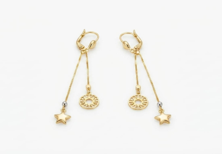 Cercei aur 14k - Cercei Lungi Aur Galben 14K 2.67g | Lanțuri Duble Steluță și Soare 7cm