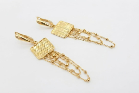 Cercei aur 14k - Cercei Lungi Aur Galben 14K 4.4g | Placă Pătrată Texturată și Franjuri Lanț 6cm