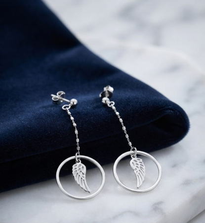 Cercei argint - Cercei Lungi din Argint 925 „Angel Wings” – Model Lanț cu Aripă în Cerc, 6cm