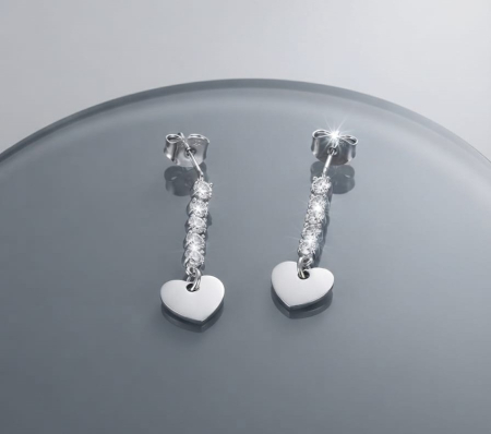 Cercei argint - Cercei Lungi din Argint 925 cu Inimioare și Linie de Zirconiu – Model Romantic, 2 cm