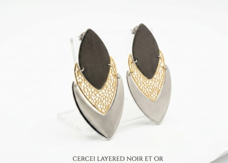 Cercei argint - Cercei Lungi din Argint 925 „Layered Noir et Or” – Model Geometric în Trei Straturi