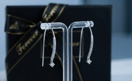 Cercei argint - Cercei Lungi din Argint 925 – Model Arcuit cu Linie de Zirconiu și Pandantiv Cristal, 2cm