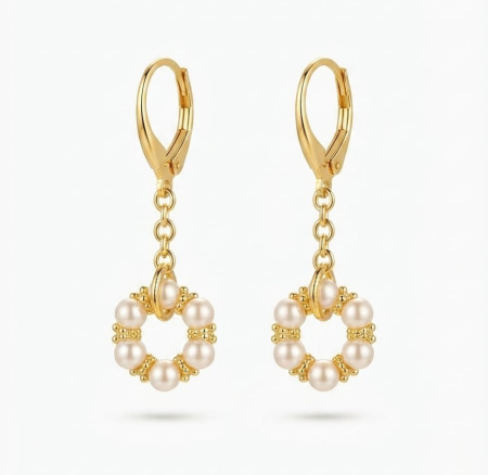 Cercei argint - Cercei Lungi din Argint 925 Pearl Crown, Placați cu Aur, cu Tortiță și Pandantiv Circular cu Perle, 5 cm