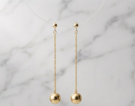 Cercei argint - Cercei Lungi din Argint 925 Placați cu Aur 18K, Tip Pendul cu Sferă Lucioasă, 5cm