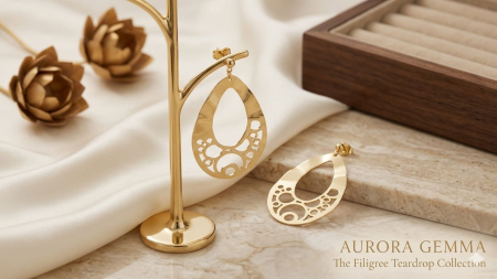Cercei argint - Cercei Lungi din Argint 925 Placați cu Aur – Aurora Gemma „The Filigree Teardrop”