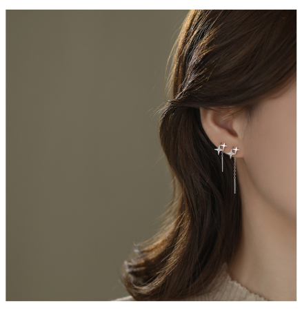 Cercei argint - Cercei Lungi din Argint 925 Rodiat – Model "North Star" Threader cu Zirconiu