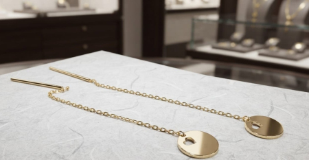 Cercei aur 14k - Cercei Lungi din Aur Galben 14K – Bănuți Decupați cu Inimioară și Lanț – 0.72 g
