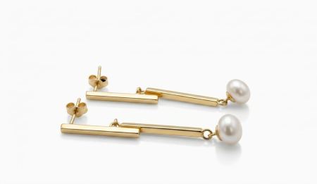 Cercei aur 14k - Cercei Lungi din Aur Galben 14K cu Bare Geometrice și Perle Naturale, 4.5 cm
