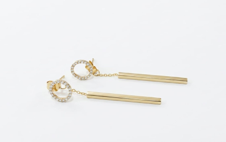 Cercei aur 14k surub - Cercei Lungi din Aur Galben 14K cu Cerc Pavat cu Zirconiu și Bară Geometrică, 4.5 cm