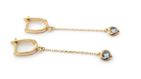 Cercei aur 14k - Cercei Lungi din Aur Galben 14K cu Lanț și Inimă din Topaz Bleumarin/Zirconiu, 5 cm, 1.75 g