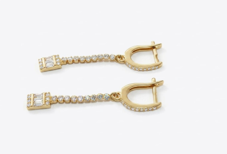 Cercei aur 14k - Cercei Lungi din Aur Galben 14K cu Lănțișor Tennis și Pandantiv Baghetă Zirconiu, 4 cm