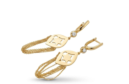 Cercei aur 14k - Cercei Lungi din Aur Galben 14K cu Motiv Stelar, Zirconiu și Franjuri, 6 cm