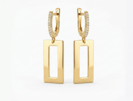 Cercei aur 14k - Cercei Lungi din Aur Galben 14K cu Pandantiv Rectangular și Tortiță cu Zirconiu, 3.5 cm