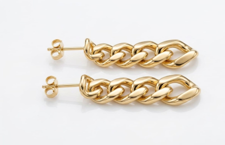Cercei aur 14k - Cercei Lungi din Aur Galben 14K cu Zale Împletite Stil Cuban Link