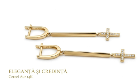 Cercei aur 14k - Cercei Lungi din Aur Galben 14K „Eleganță și Credință” cu Cruce și Zirconiu