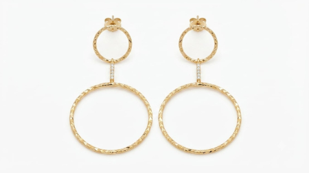 Cercei aur 14k - Cercei Lungi din Aur Galben 14K, Model Candelabru cu Cercuri Diamantate și Tije Pavate cu Zirconiu, 7 cm, 3.65 g