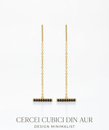 Cercei aur 14k surub - Cercei Lungi din Aur Galben 14K, Tip Fir cu Bară Orizontală și Zirconii Negre, 6 cm, 1.35 gr