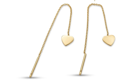 Cercei aur 14k surub - Cercei Lungi din Aur Galben 14K, Tip Fir cu Inimi Lucioase, 9 cm, 0.90 gr