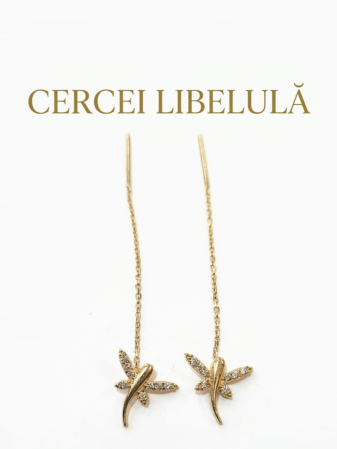 Cercei aur 14k surub - Cercei Lungi din Aur Galben 14K, Tip Fir cu Libelule Pavate și Zirconii, 6 cm, 1.38 gr