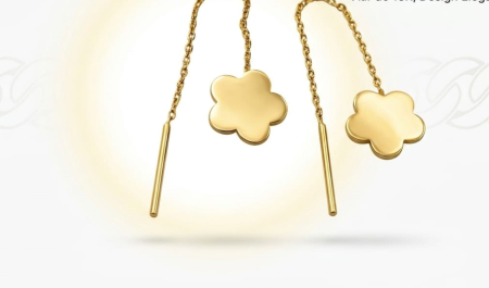 Cercei aur 14k surub - Cercei Lungi din Aur Galben 14K, Tip Fir cu Pandantiv Floare, 6 cm, 0.88 gr