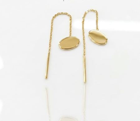 Cercei aur 14k surub - Cercei Lungi din Aur Galben 14K, Tip Fir cu Pandantiv Oval Plin, 5.5 cm, 0.60 gr