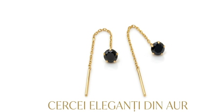Cercei aur 14k surub - Cercei Lungi din Aur Galben 14K, Tip Fir cu Piatră Solitară Zirconia Neagră, 6 cm, 0.67 grDescri