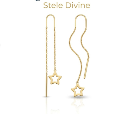 Cercei aur 14k surub - Cercei Lungi din Aur Galben 14K, Tip Fir cu Stele Decupate, 9 cm, 0.80 gr