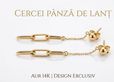 Cercei aur 14k surub - Cercei Lungi „Pânză de Lanț” din Aur Galben 14K cu Zale Alungite, 4.5 cm