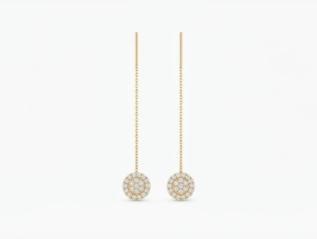 Cercei aur 14k surub - Cercei Lungi Tip Fir din Aur Galben 14K – Bănuț Circular cu Pavé de Cristale (6 cm, 1.3g)