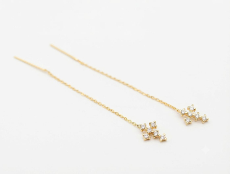 bijuterii aur - Cercei Lungi Tip Fir din Aur Galben 14K – Cruce cu Cristale Strălucitoare (6 cm, 1.18g)