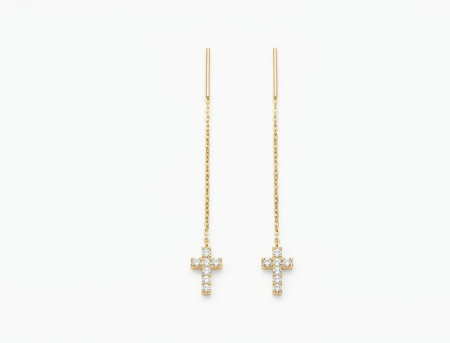 bijuterii aur - Cercei Lungi Tip Fir din Aur Galben 14K – Cruce Latină cu Cristale (6 cm, 0.73g)