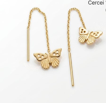 Cercei aur 14k surub - Cercei Lungi Tip Fir din Aur Galben 14K – Fluturași în Zbor (5.5 cm)