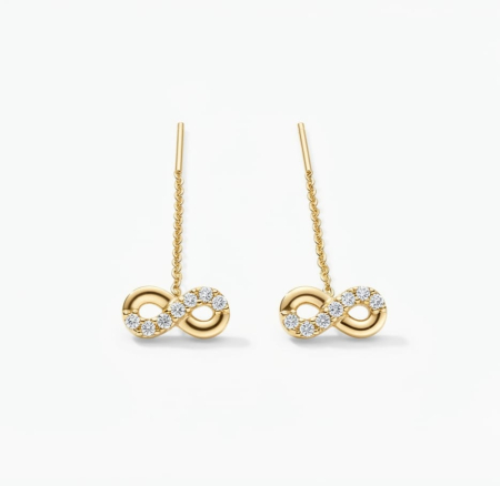 bijuterii aur - Cercei Lungi Tip Fir din Aur Galben 14K – Infinit cu Cristale (6 cm, 0.89g)