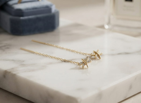 bijuterii aur - Cercei Lungi Tip Fir din Aur Galben 14K – Libelulă cu Cristale (6 cm, 0.94g)