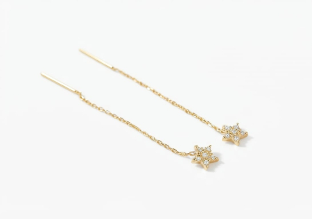Cercei aur 14k surub - Cercei Lungi Tip Fir din Aur Galben 14K – Stele Delicate cu Cristale (6 cm, 0.75g)