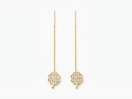 bijuterii aur - Cercei Lungi Tip Fir din Aur Galben 14K – Trifoi cu Patru Foi și Cristale (6 cm, 1.07g)