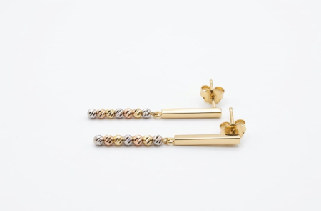 Cercei aur 14k - Cercei Lungi Tricolori din Aur 14K cu Bară și Sfere Diamantate în Cascadă, 3.5 cm