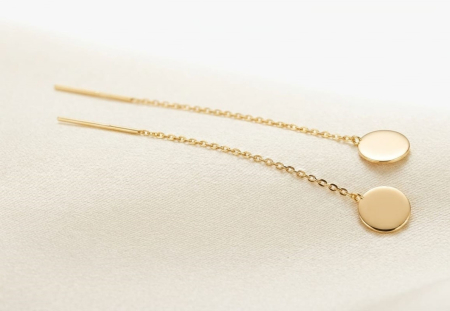 Cercei aur 14k - Cercei Lunguți cu Lanț din Aur Galben 14K – Inimi Delicate în Mișcare Fluidă