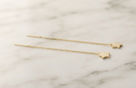 Cercei aur 14k - Cercei Lunguți cu Lanț din Aur Galben 14K – Steluțe Căzătoare și Eleganță Minimalistă