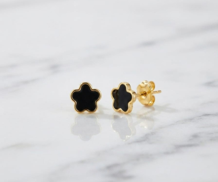 Cercei argint - Cercei Mici din Argint 925 Placați cu Aur „Black Blossom” – Floare cu Email Negru, 1g