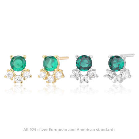 Cercei argint - Cercei Mici din Argint 925 Plăcați cu Aur cu Zirconiu Verde Smarald și Micro-Zirconii
